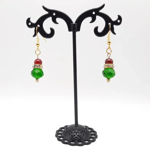 Christmas Holiday Red Green White on Gold Drop Earrings Handmade Jewelry - Picture 2 of 7